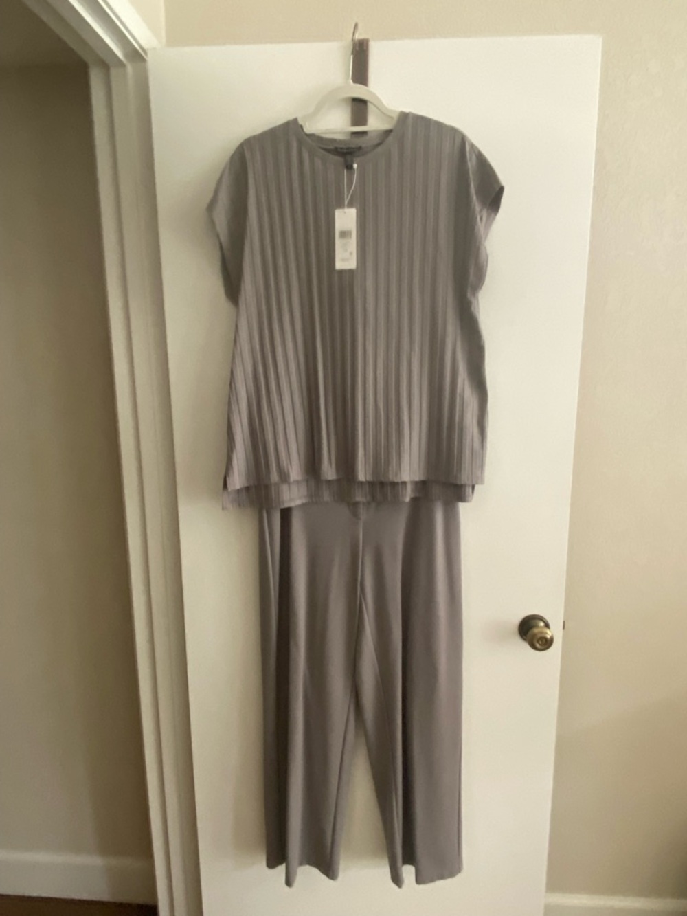 Eileen Fisher Pleated Short-Sleeve Top & Wide-Leg Pants - Gray